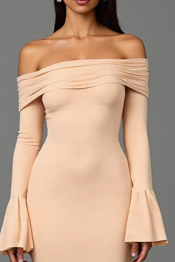 Apricot Ruffled Off the Shoulder Ruched Long Formal Dress